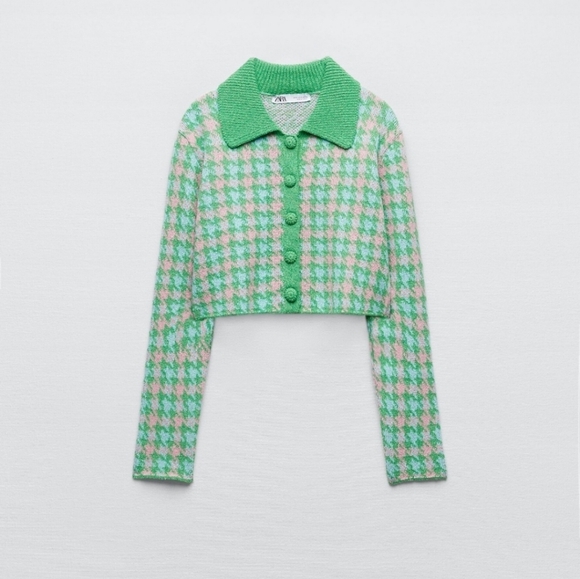 Zara Green and Cream Houndstooth Cardigan - Picture 3 of 11